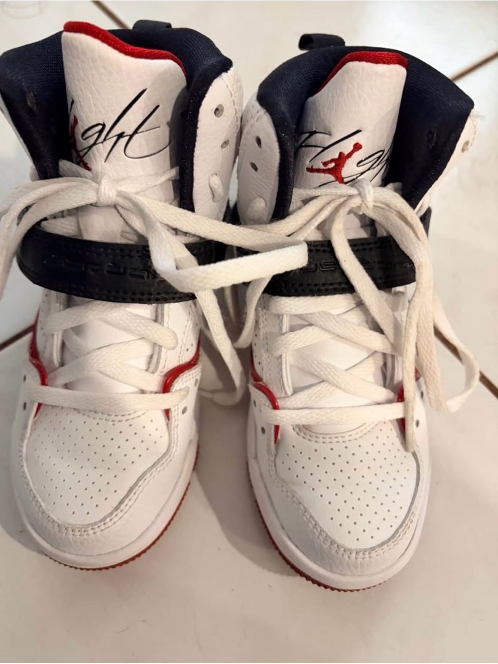 Jordan Kids White and Red High-Top Sneakers with Black Strap
